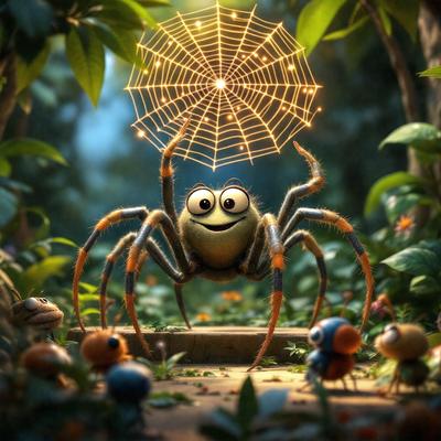 The primary subject of the image is a spider with a web, which is the main object in the scene. The setting is a forest, with the spider standing on a dirt path surrounded by plants and other insects. The visual style is digital art, as the spider is depicted with a light-up web and a smiling expression. The colors and mood of the image are vibrant and cheerful, with the spider and its web being the main focus of the scene.